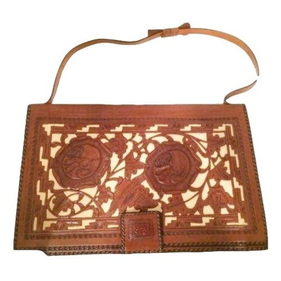 Vintage Bohemian Floral Etched Large Leather Clutch Bag - Picture 1 of 11